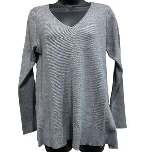 Croft & Barrow Womens Gray V-Neck Chevron Ribbed Knit Sweater M Fleece Cozy Soft